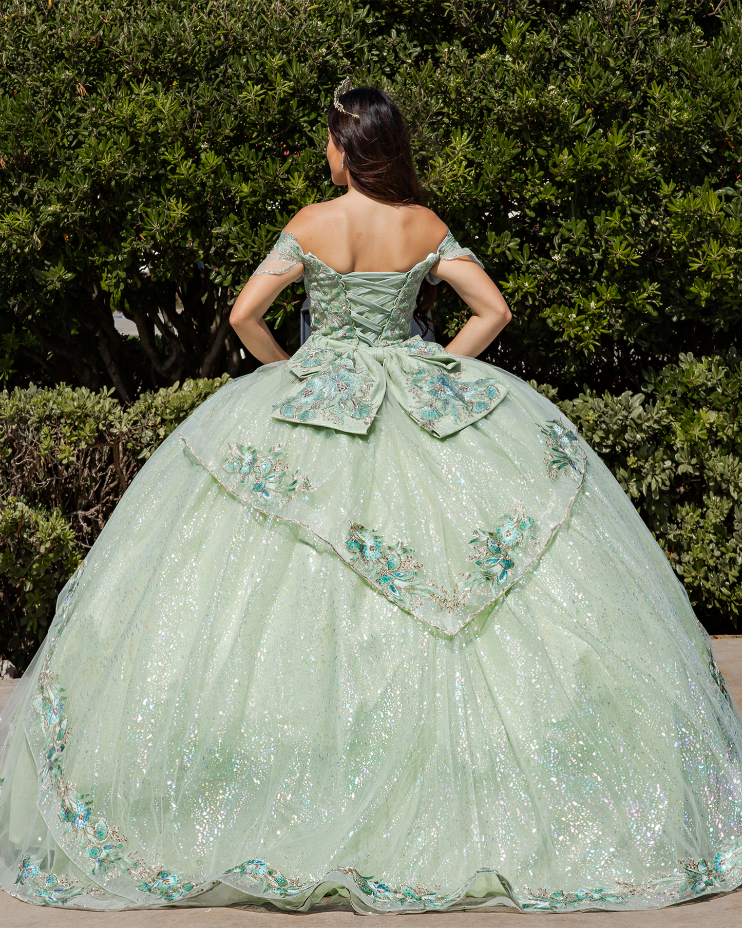 Girl in a sage green ball gown with floral embroidery standing against a green bush background