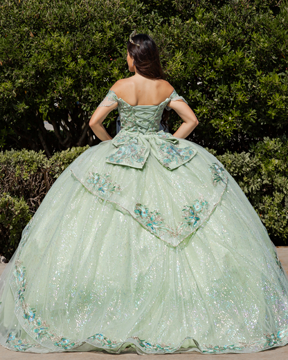 Girl in a sage green ball gown with floral embroidery standing against a green bush background