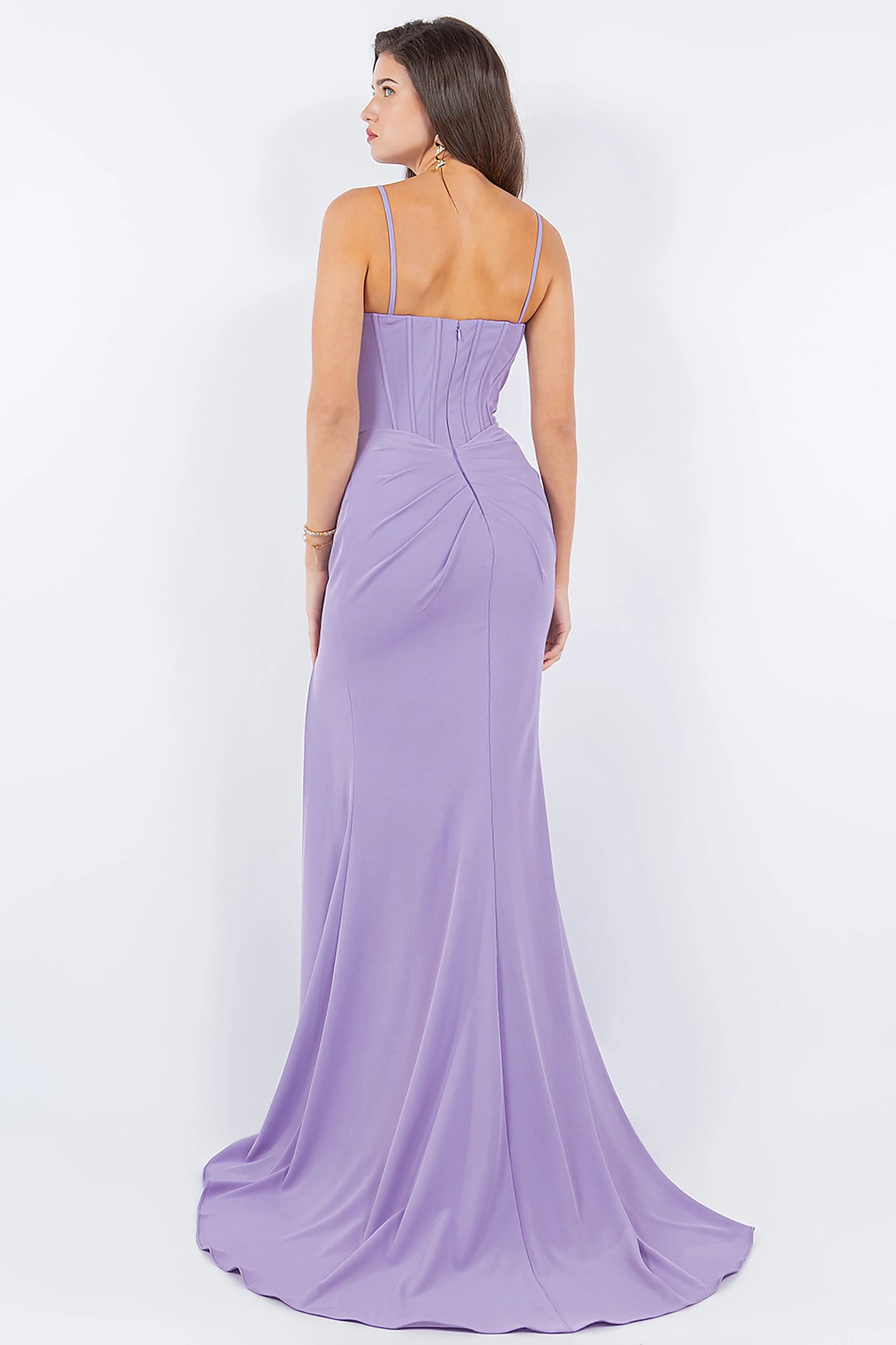 Lilac evening dress completed with sleek silhouette and zipper back closure
