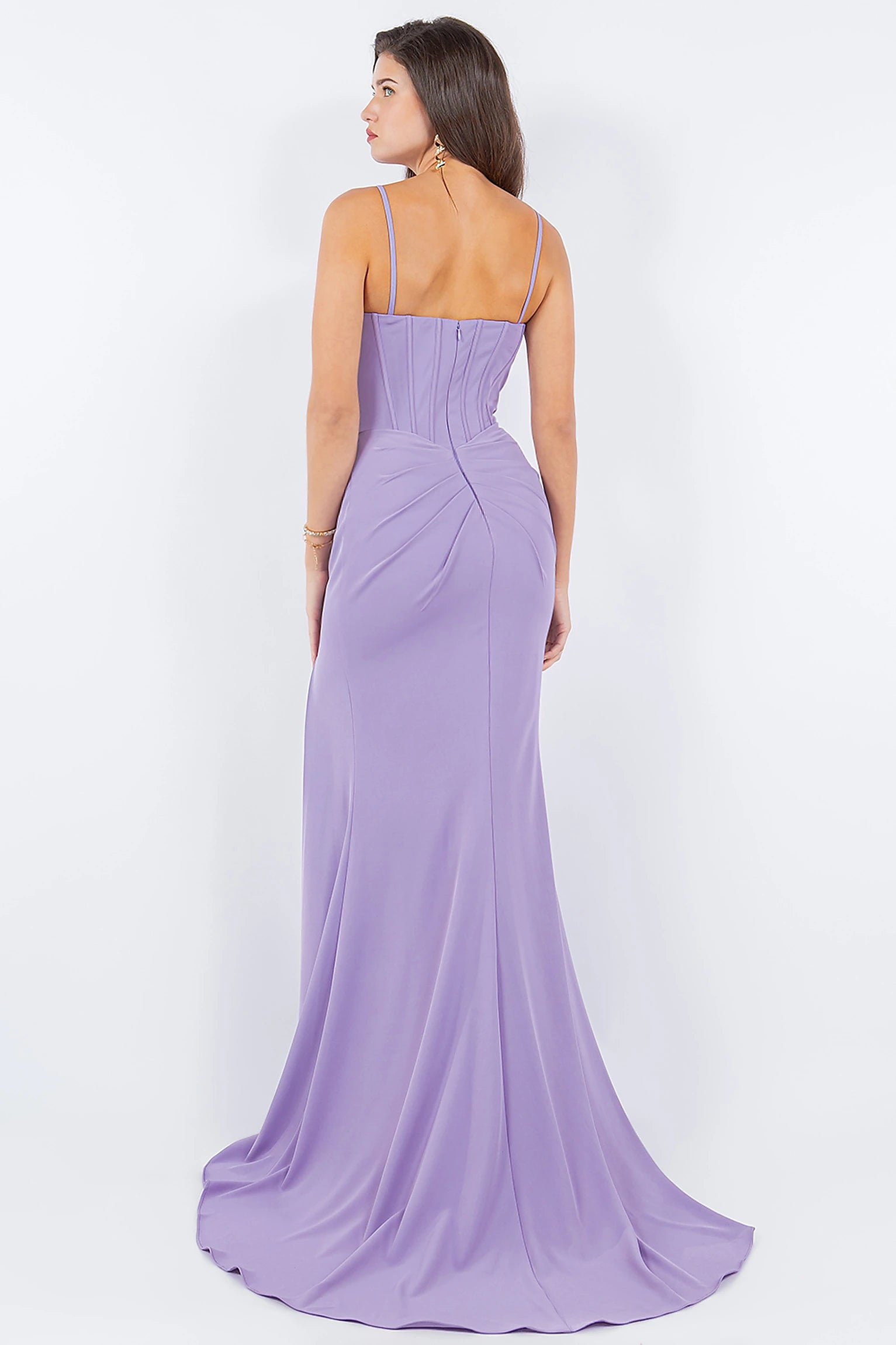 Lilac evening dress completed with sleek silhouette and zipper back closure