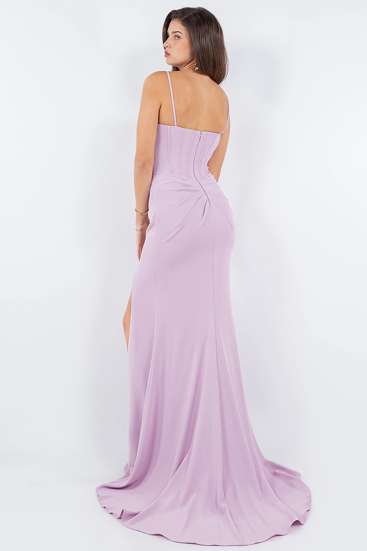 Pink evening dress completed with sleek silhouette and zipper back closure