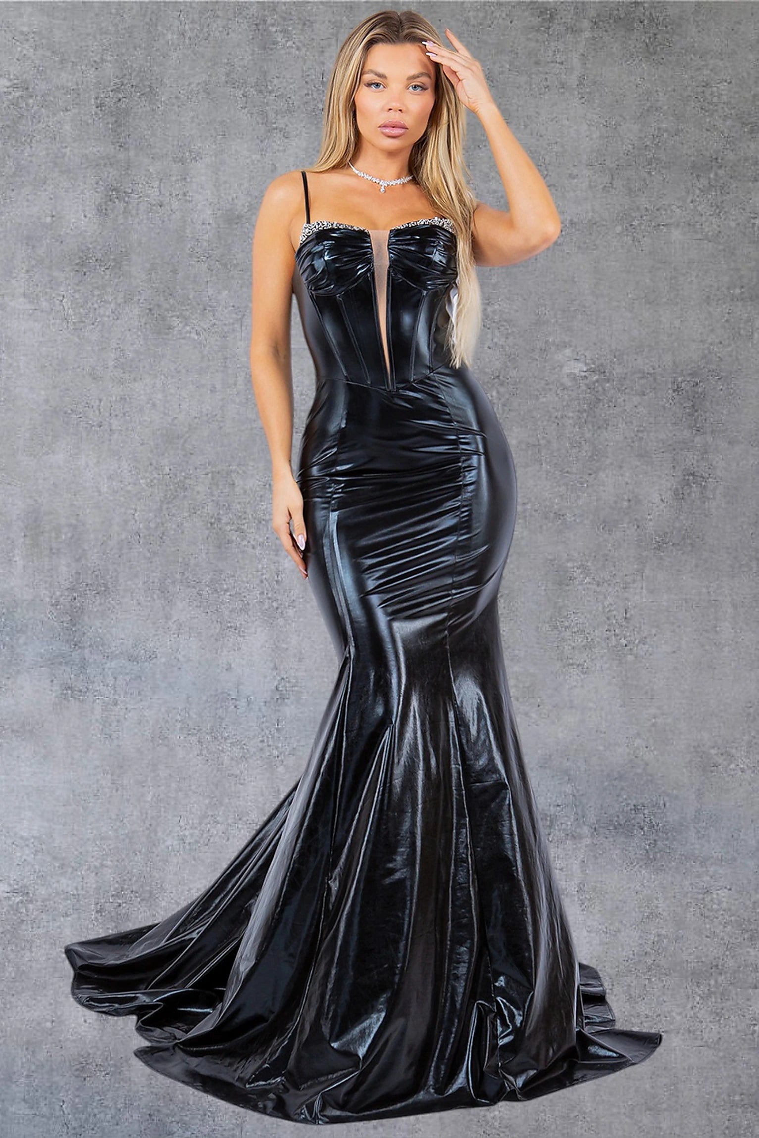 Black prom dress with embellished spaghetti straps and deep sweetheart neckline