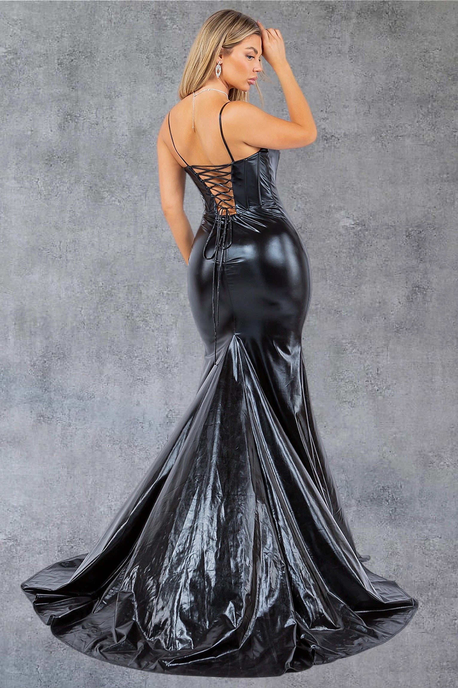Black prom dress styled with Lace up back construction