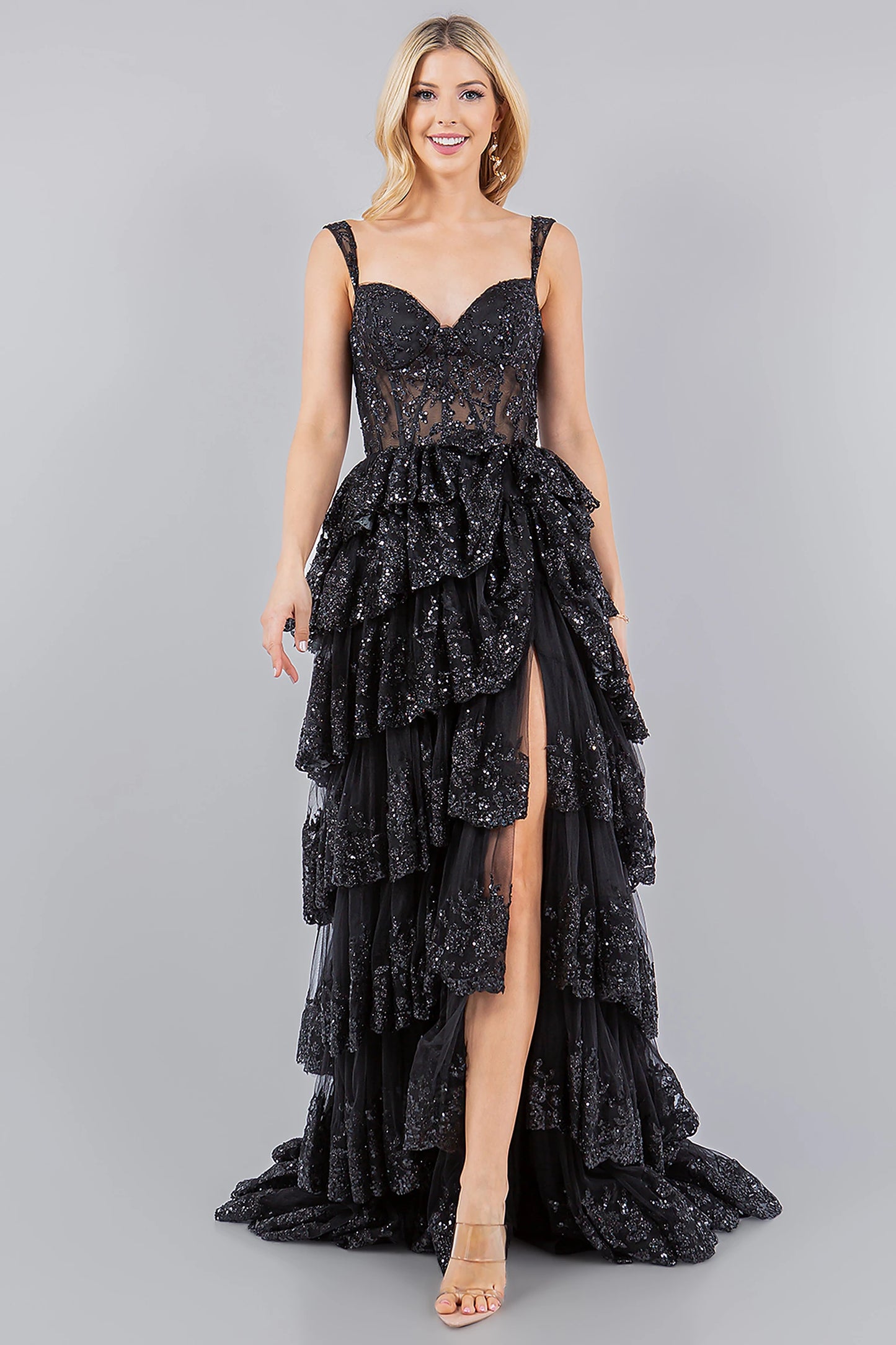 Black evening dress with sweetheart neckline and sleeveless bodice