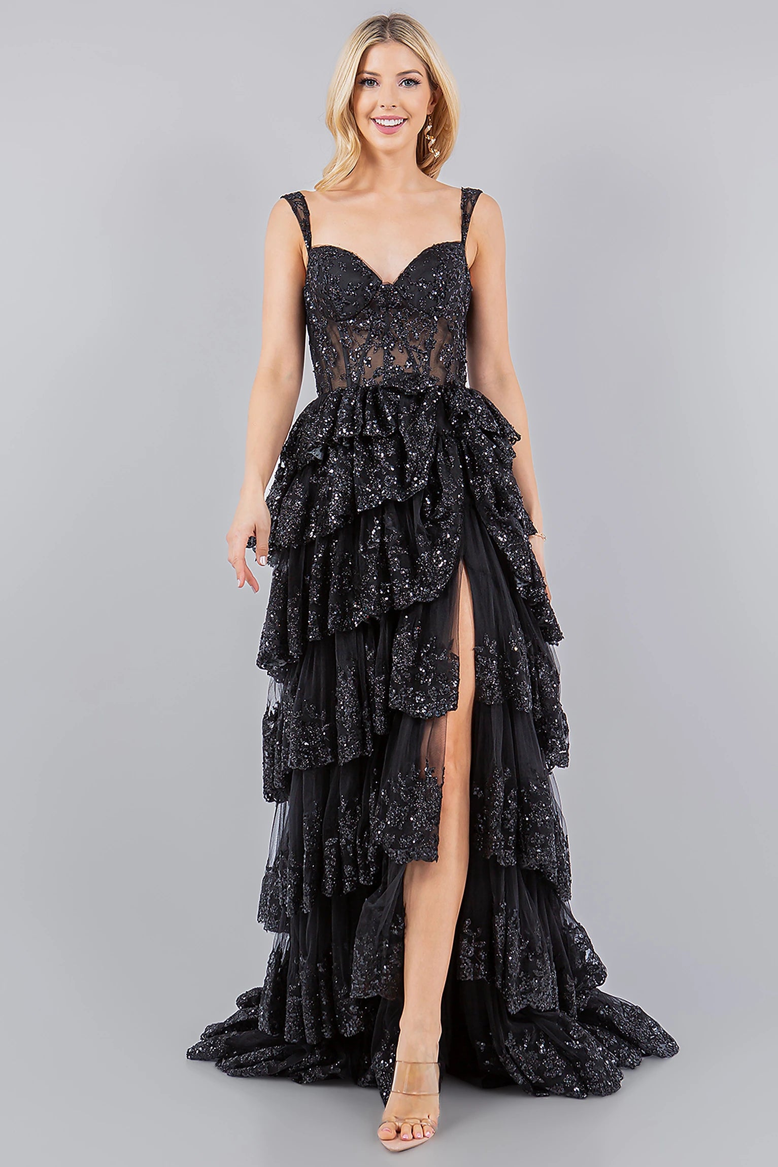 Black evening dress with sweetheart neckline and sleeveless bodice