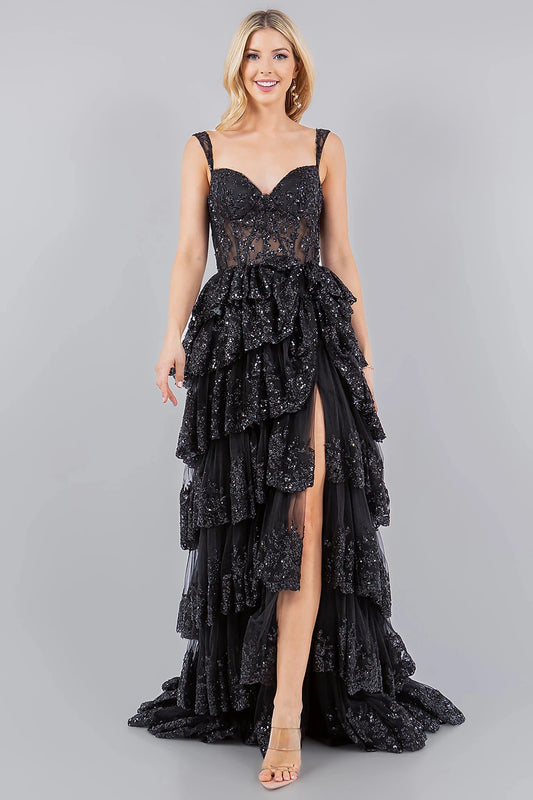 Bodice close-up highlights black evening dress with sweetheart neckline and sleeveless bodice.