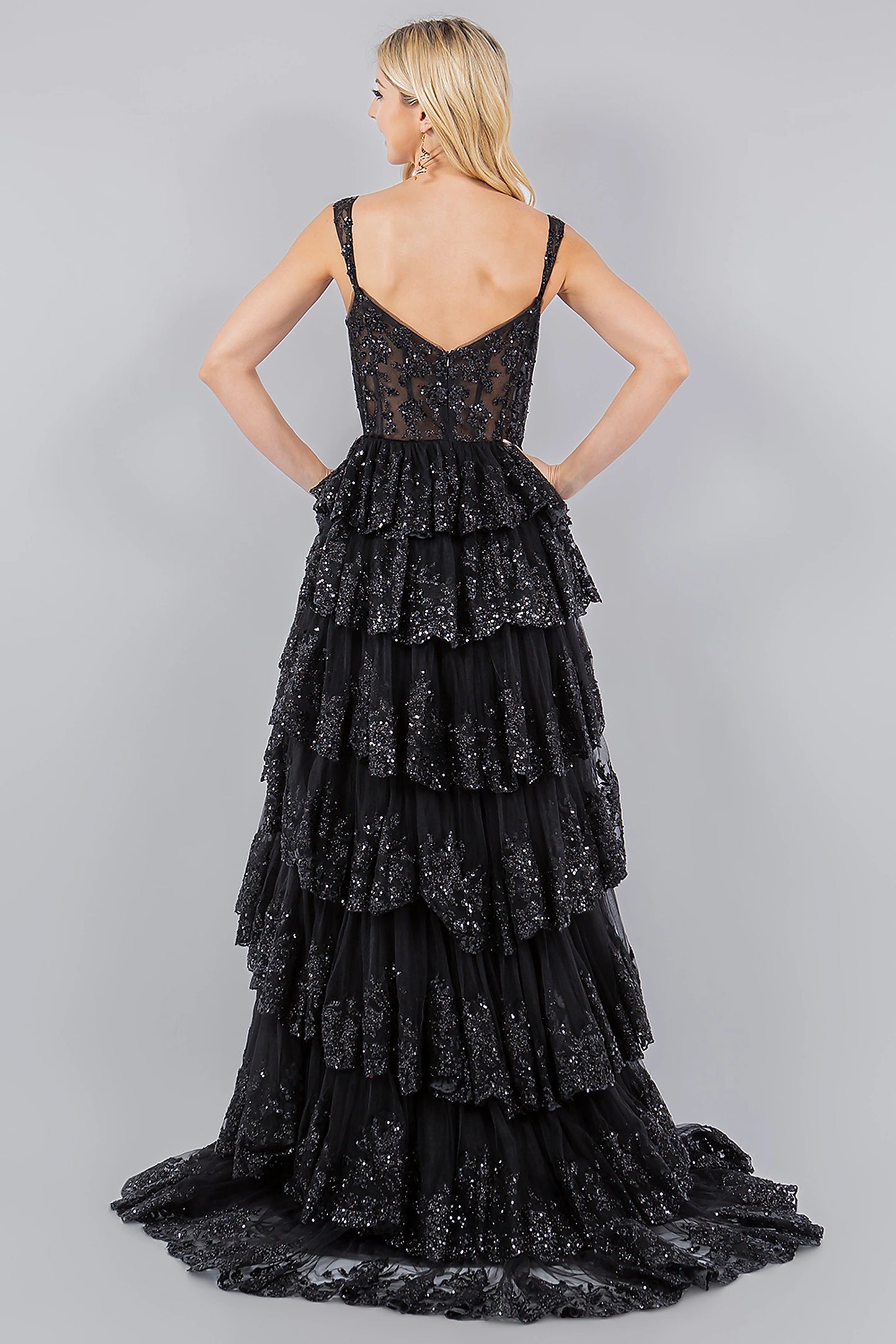Black evening dress designed with zipper back closure