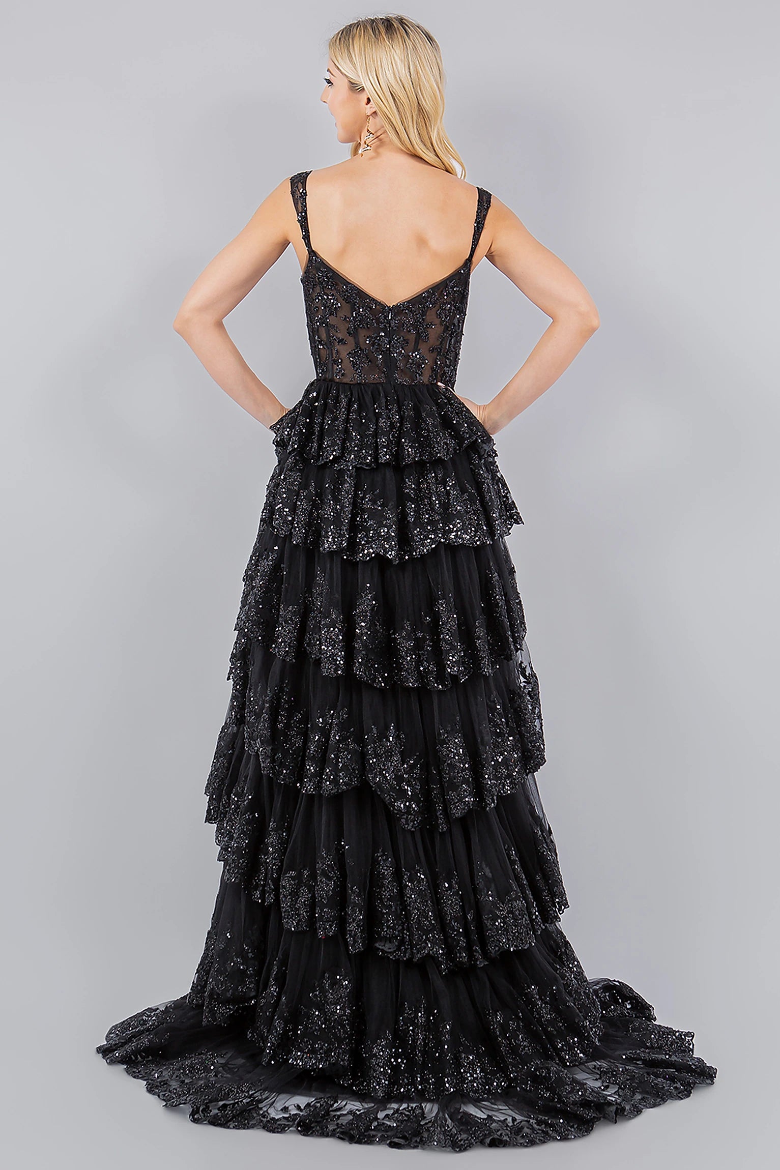 Black evening dress designed with zipper back closure