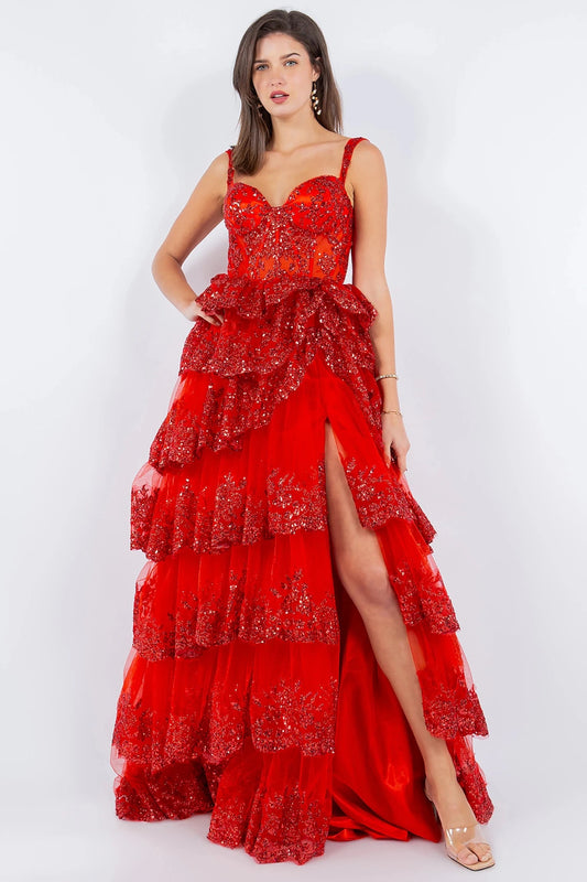 Bodice close-up highlights red prom dress with sweetheart neckline and sleeveless bodice.