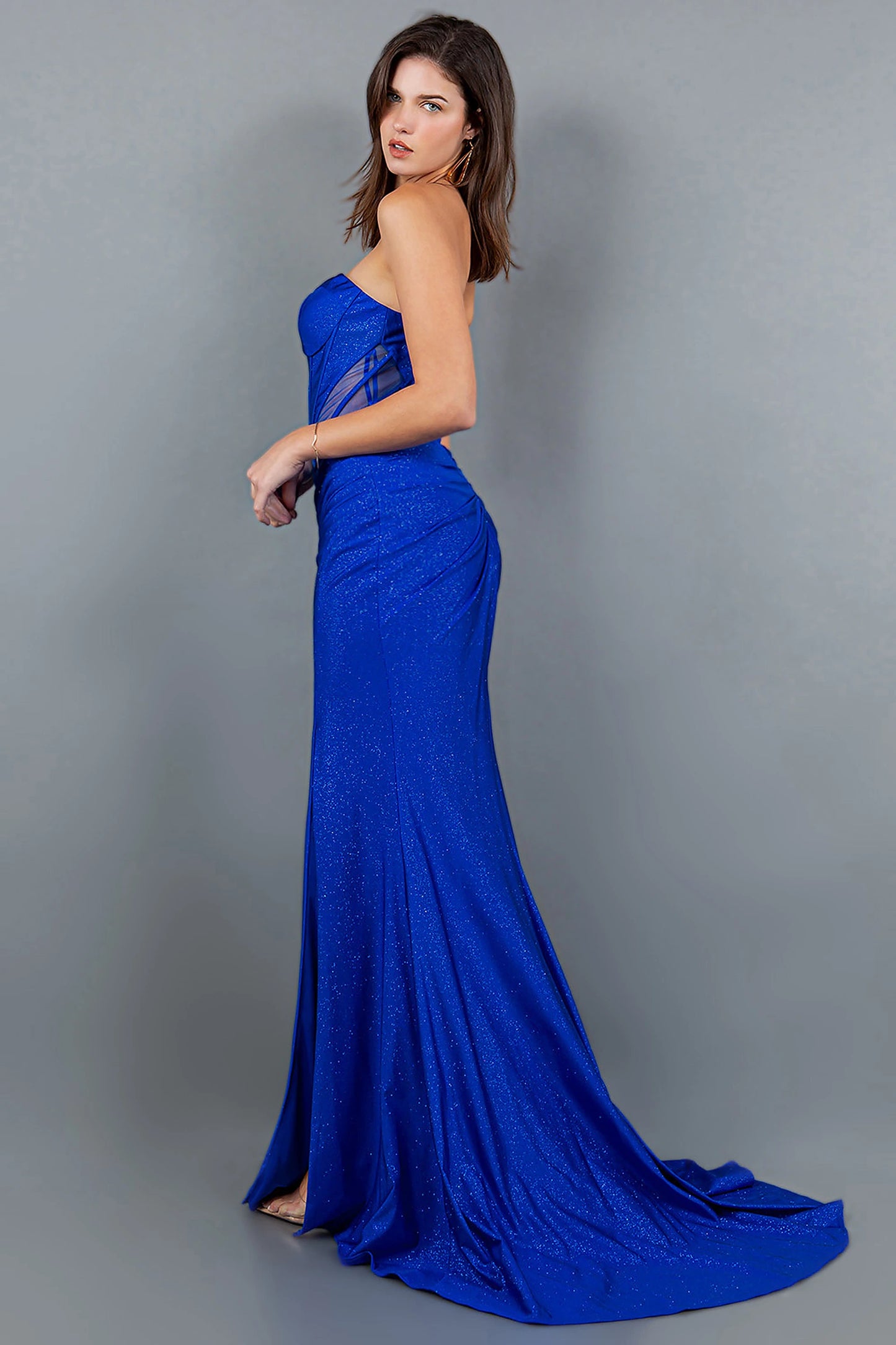Royal Blue evening dress completed with floor-length design and sweep train