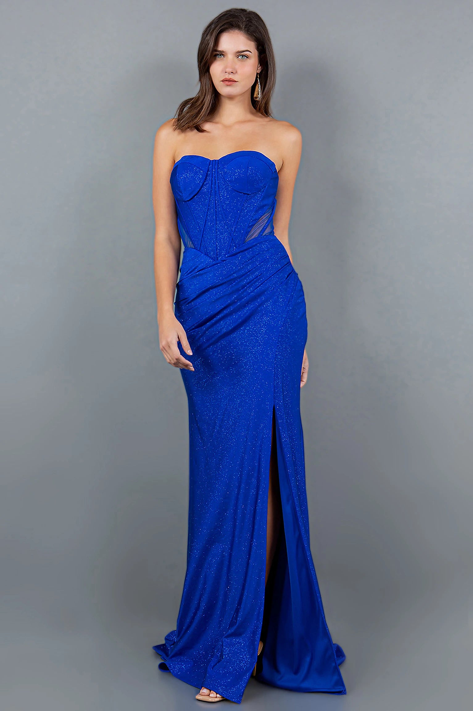 Royal Blue evening dress showcasing draped skirt with side slit