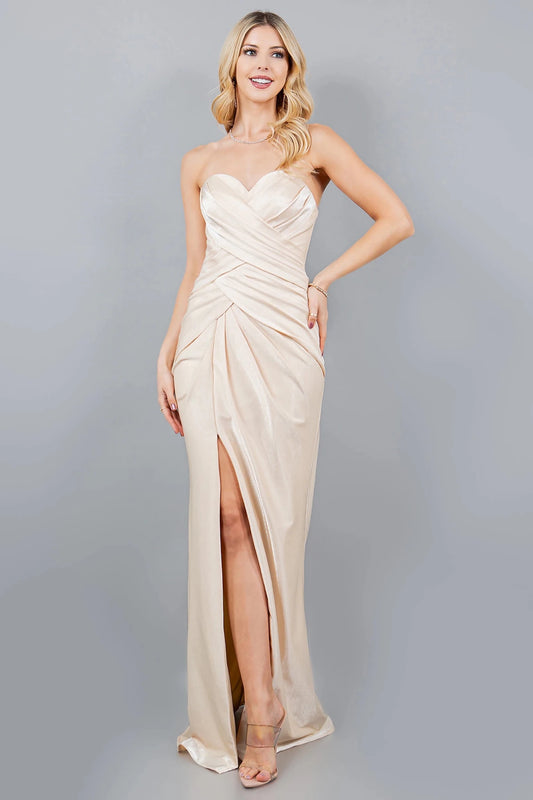 Bodice close-up highlights Champagne Lurex prom dress with strapless sweetheart neckline.