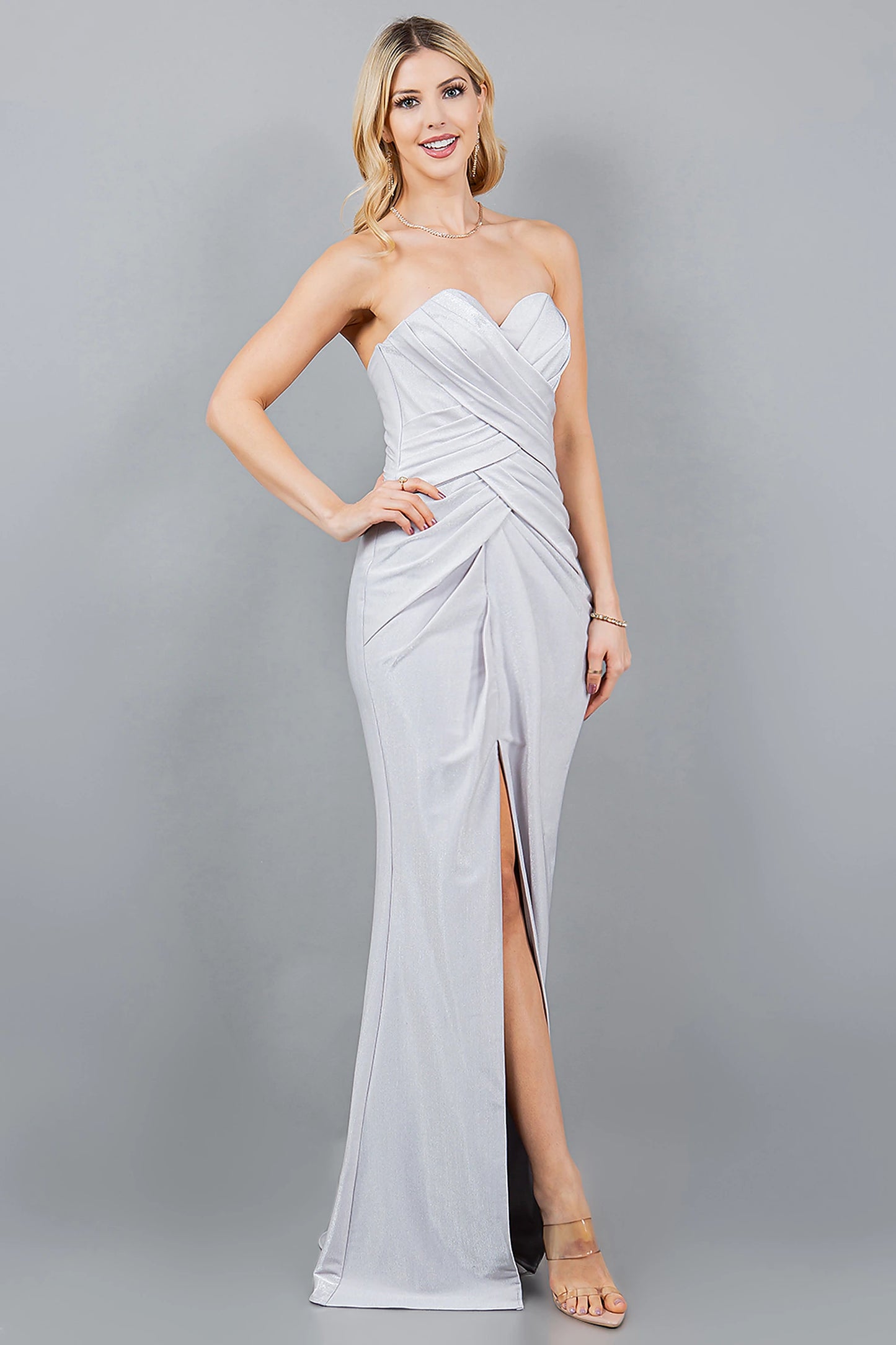 Silver prom dress with strapless sweetheart neckline