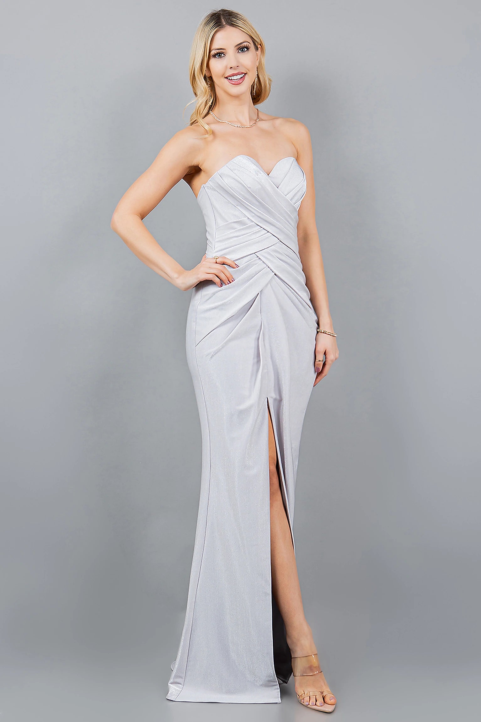 Silver prom dress with strapless sweetheart neckline