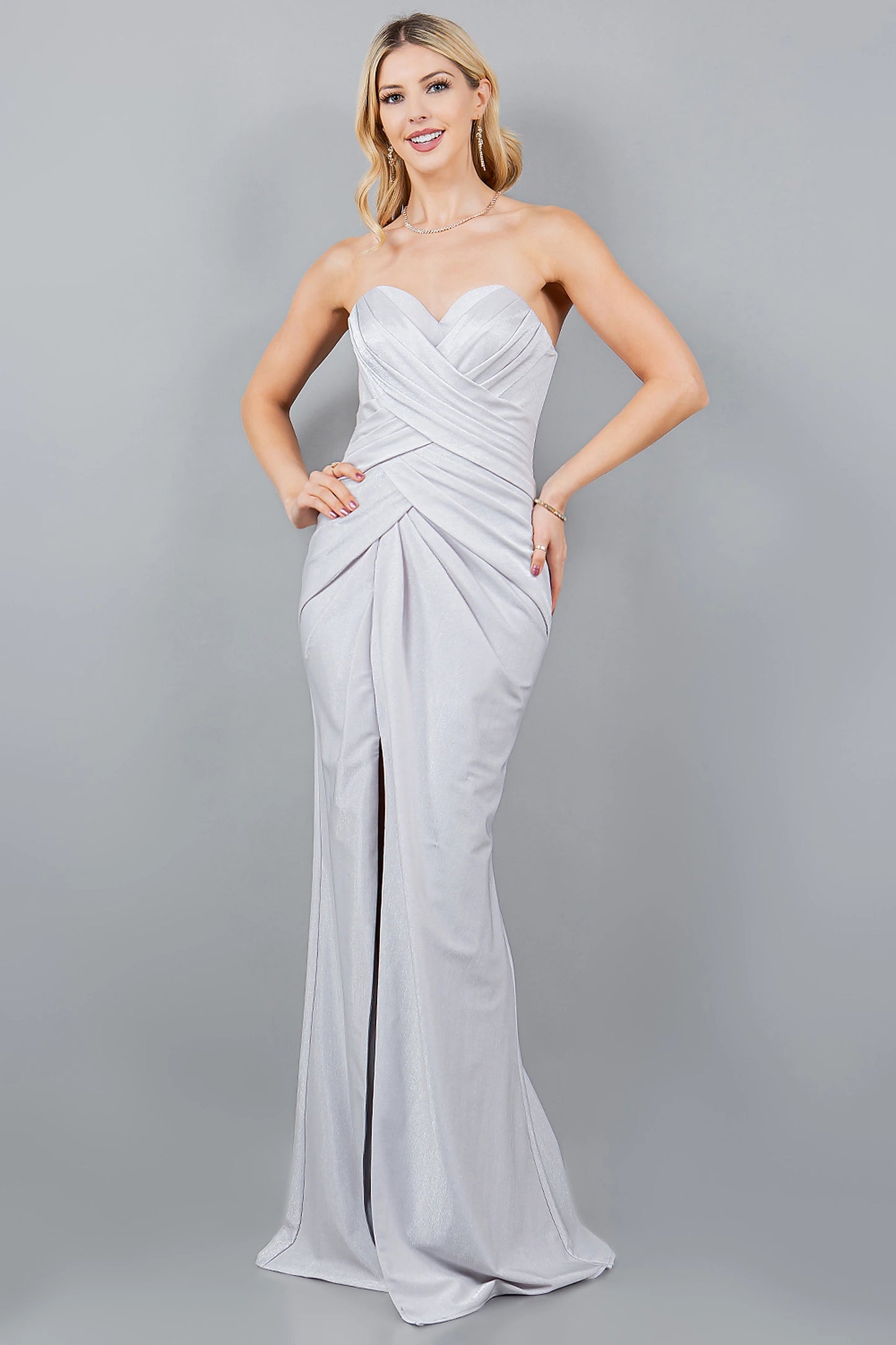 Silver prom dress completed with floor-length hem and sweep train