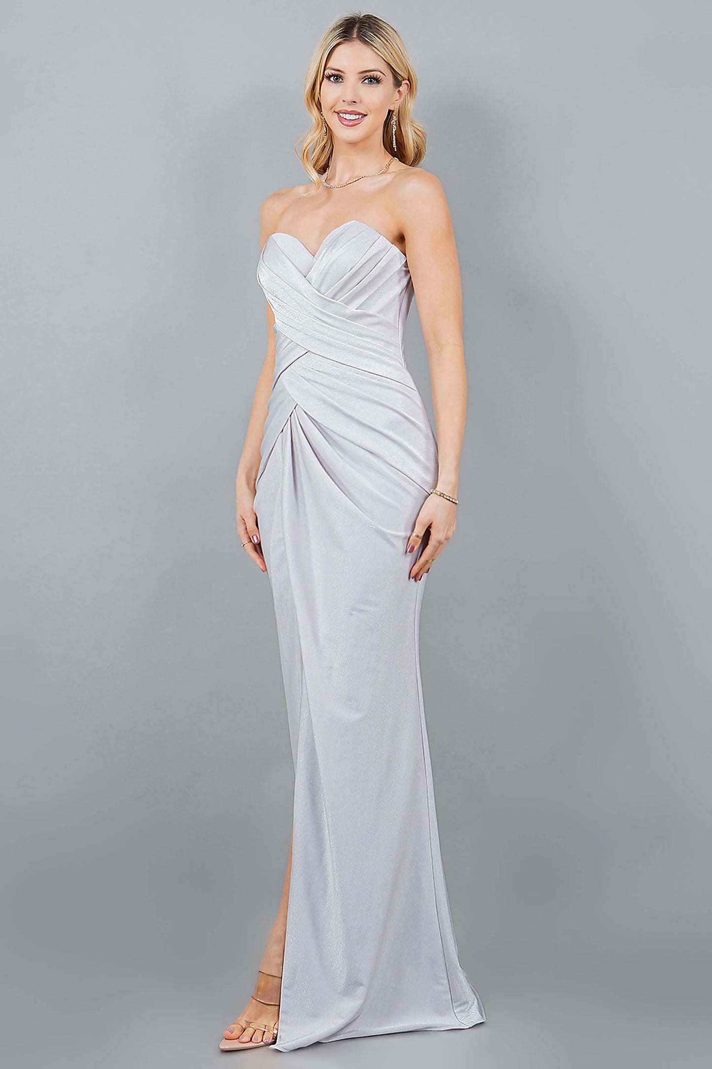 Silver Lurex Prom Dress with Pleated Ruched Bodice