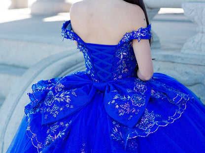 Blue Quinceanera dress with Beaded Applique Bodice and lace up back