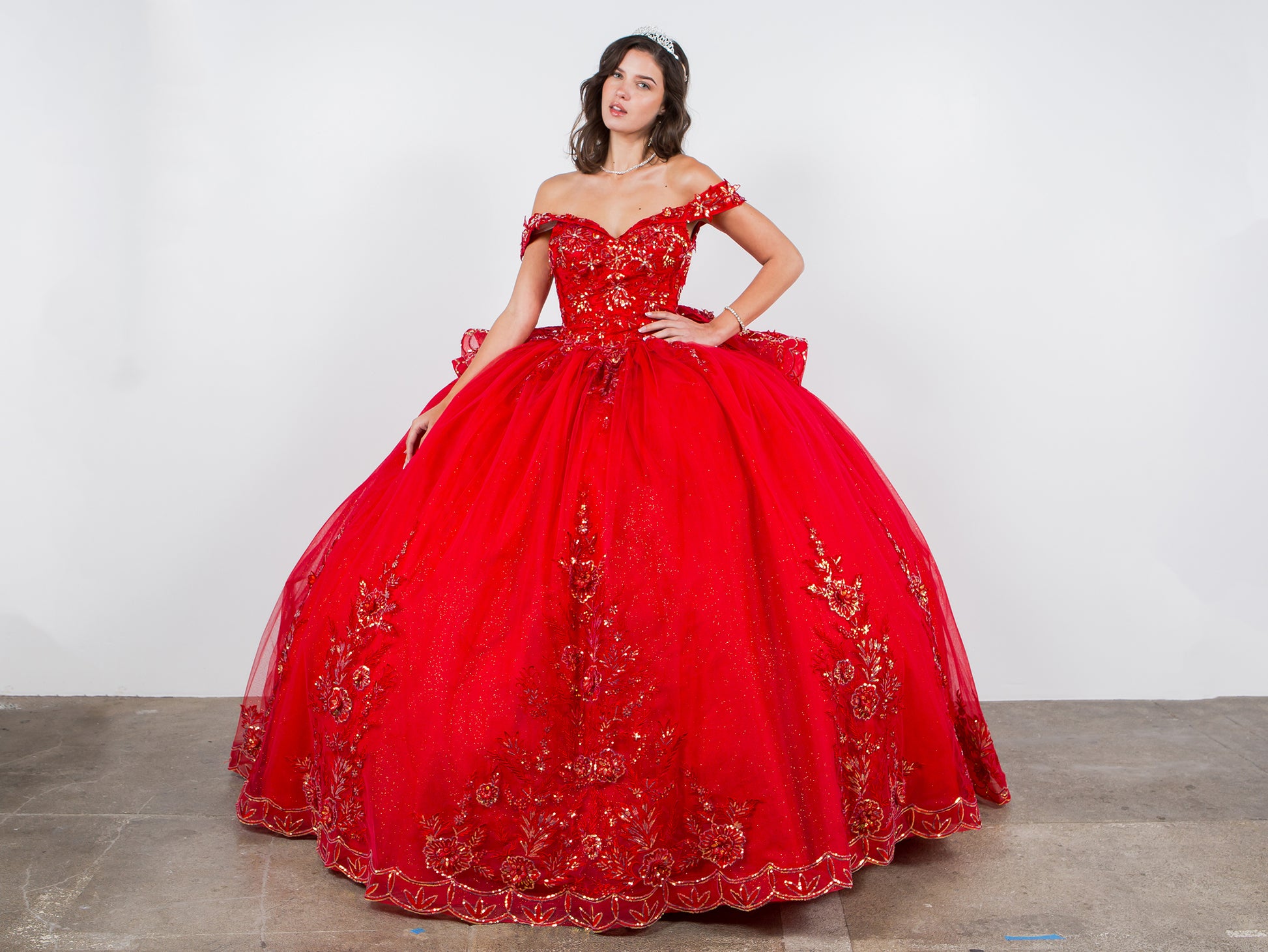 Quinceanera | Red Off-shoulder ball gown beaded applique bodice w/ sparkled glitter 3D flowers skirt and Lace-up back train | 2 Colors | Delfina dress front whole