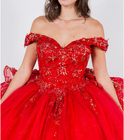 Quinceanera | Red Off-shoulder ball gown beaded applique bodice w/ sparkled glitter 3D flowers skirt and Lace-up back train | 2 Colors | Delfina dress front view