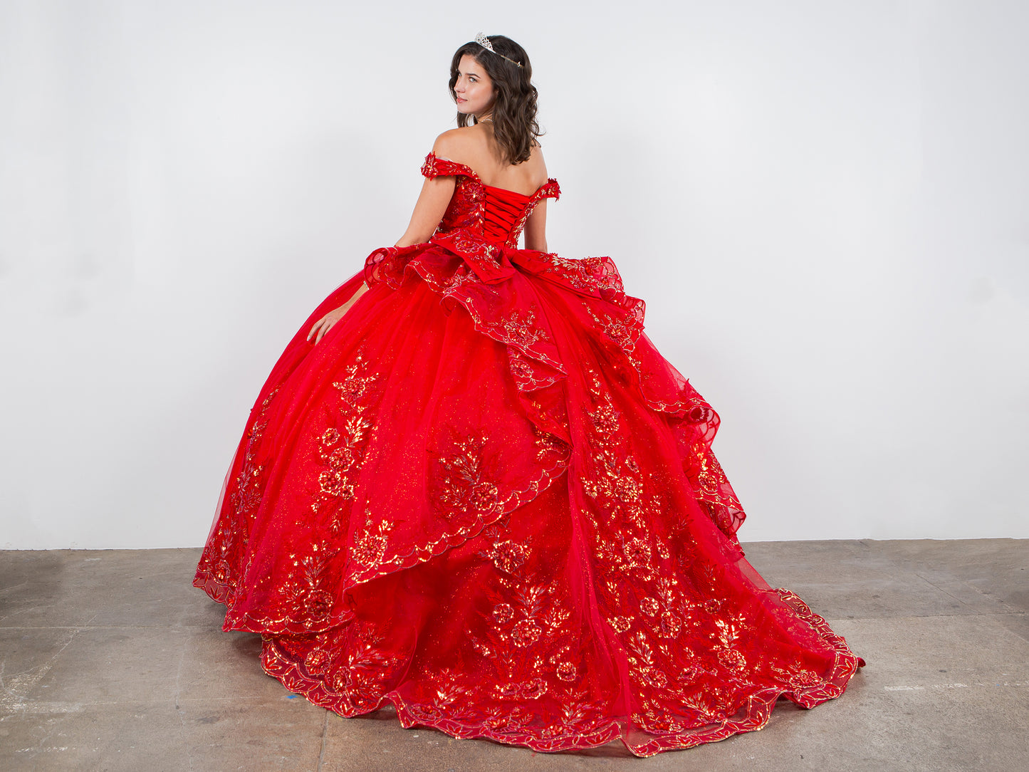 Quinceanera | Red Off-shoulder ball gown beaded applique bodice w/ sparkled glitter 3D flowers skirt and Lace-up back train | 2 Colors | Delfina dress back