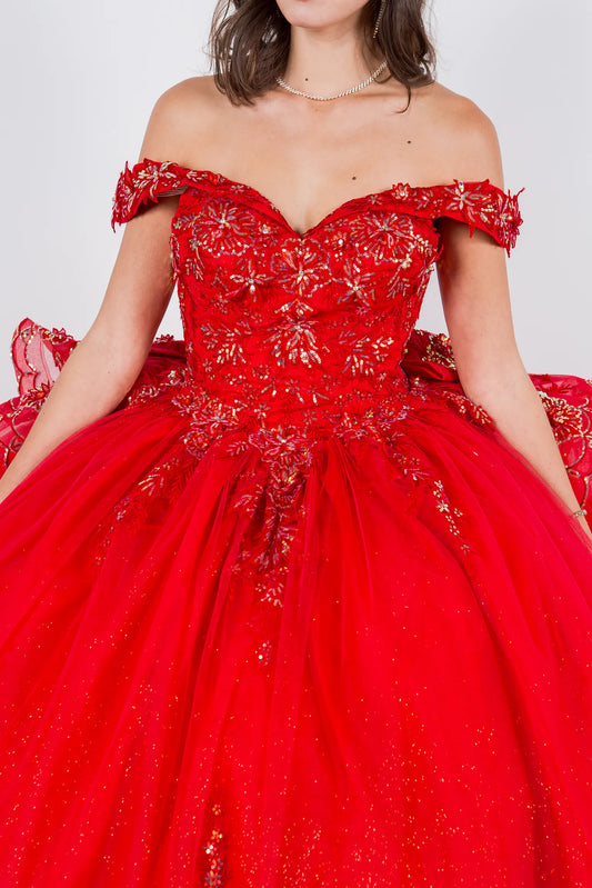 Red off-shoulder quinceanera gown with intricate detailing 