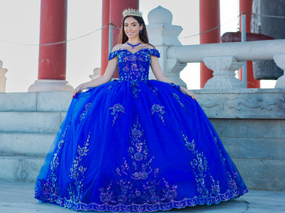 Quinceanera | Blue Off-shoulder Beaded Applique Bodice w/ Sparkled Glitter 3D Flowers with Train | Delfina dress | 2 Colors front