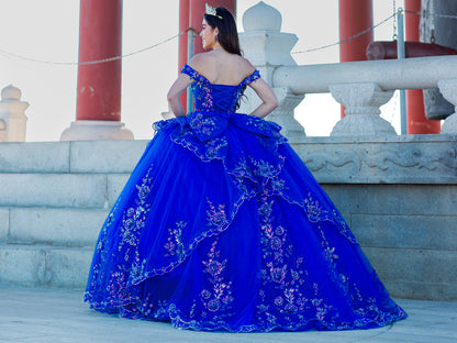 Quinceanera | Blue Off-shoulder Beaded Applique Bodice w/ Sparkled Glitter 3D Flowers with Train | Delfina dress | 2 Colors back