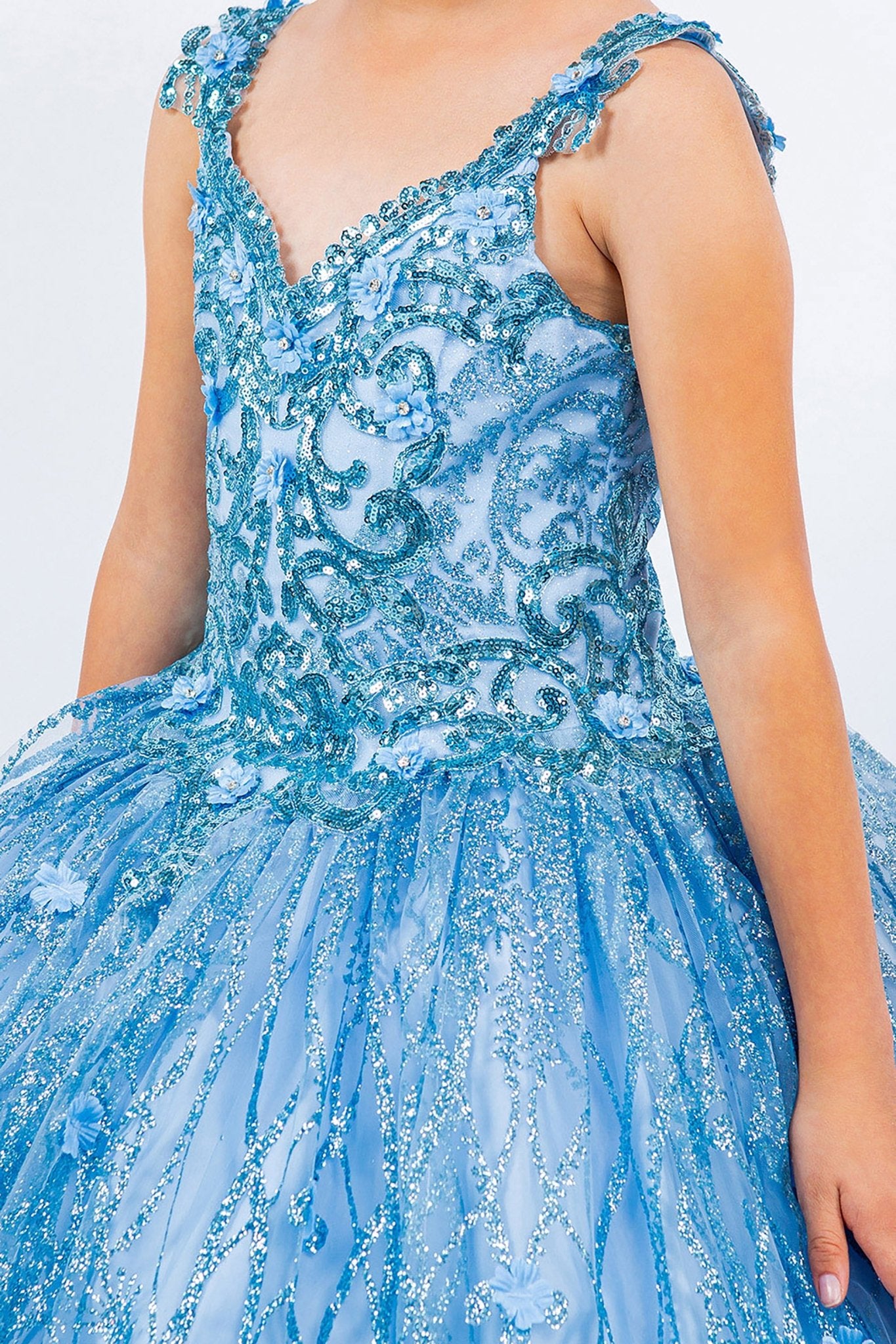 Blue mini quince dress with lace applique embroidery ombre tulle skirt detail.