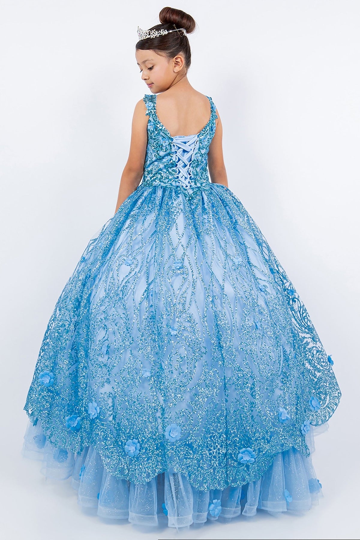 Blue mini quince dress with lace applique embroidery ombre tulle layers sweep train.