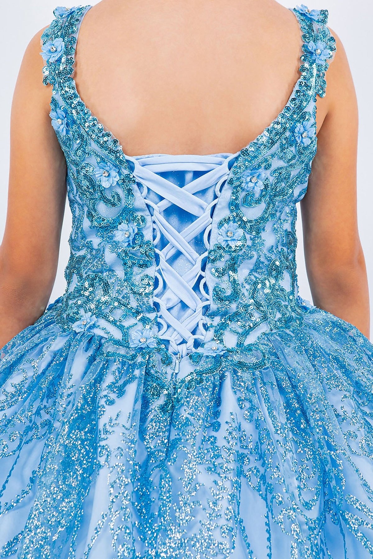 Blue mini quince dress with lace applique embroidery ombre tulle sweep train detail.