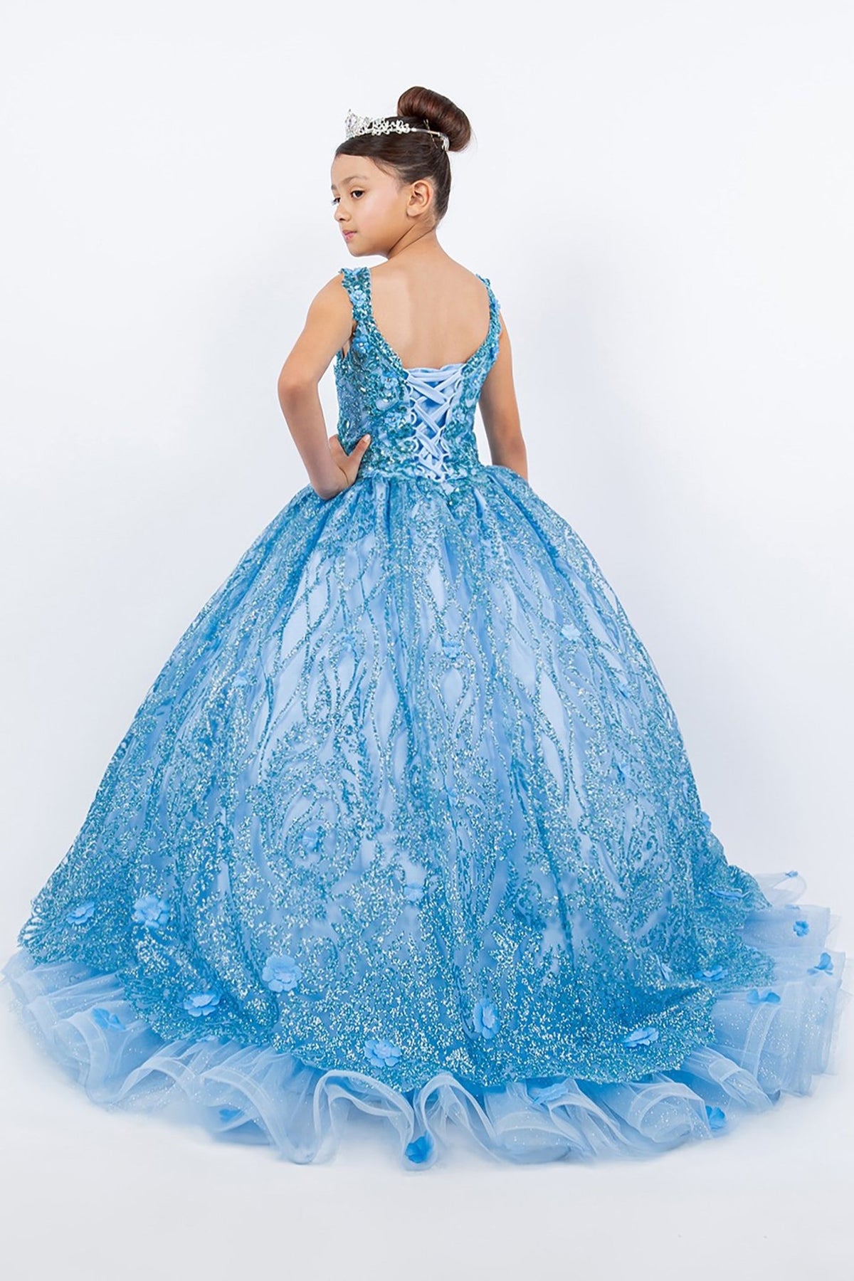 Blue mini quince dress with ombre tulle layers lace applique embroidery and sweep train.