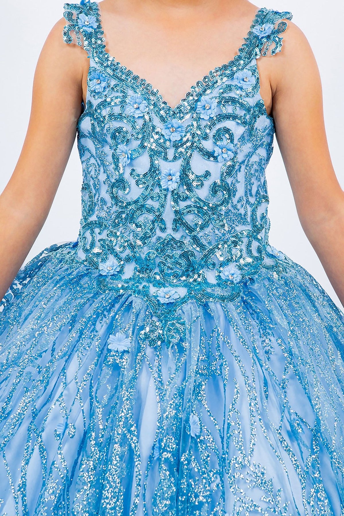 Blue mini quince dress with embroidered bodice ombre tulle layers lace applique detailing.