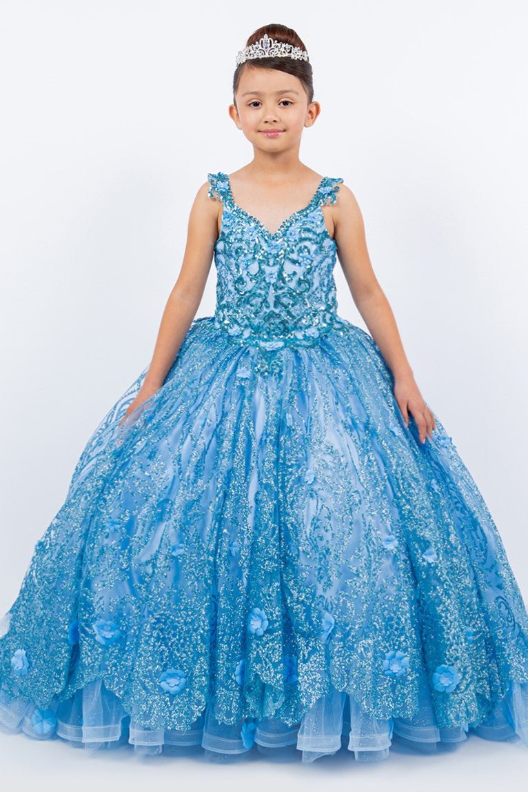 Blue mini quince dress with embroidered bodice ombre tulle layers lace applique.