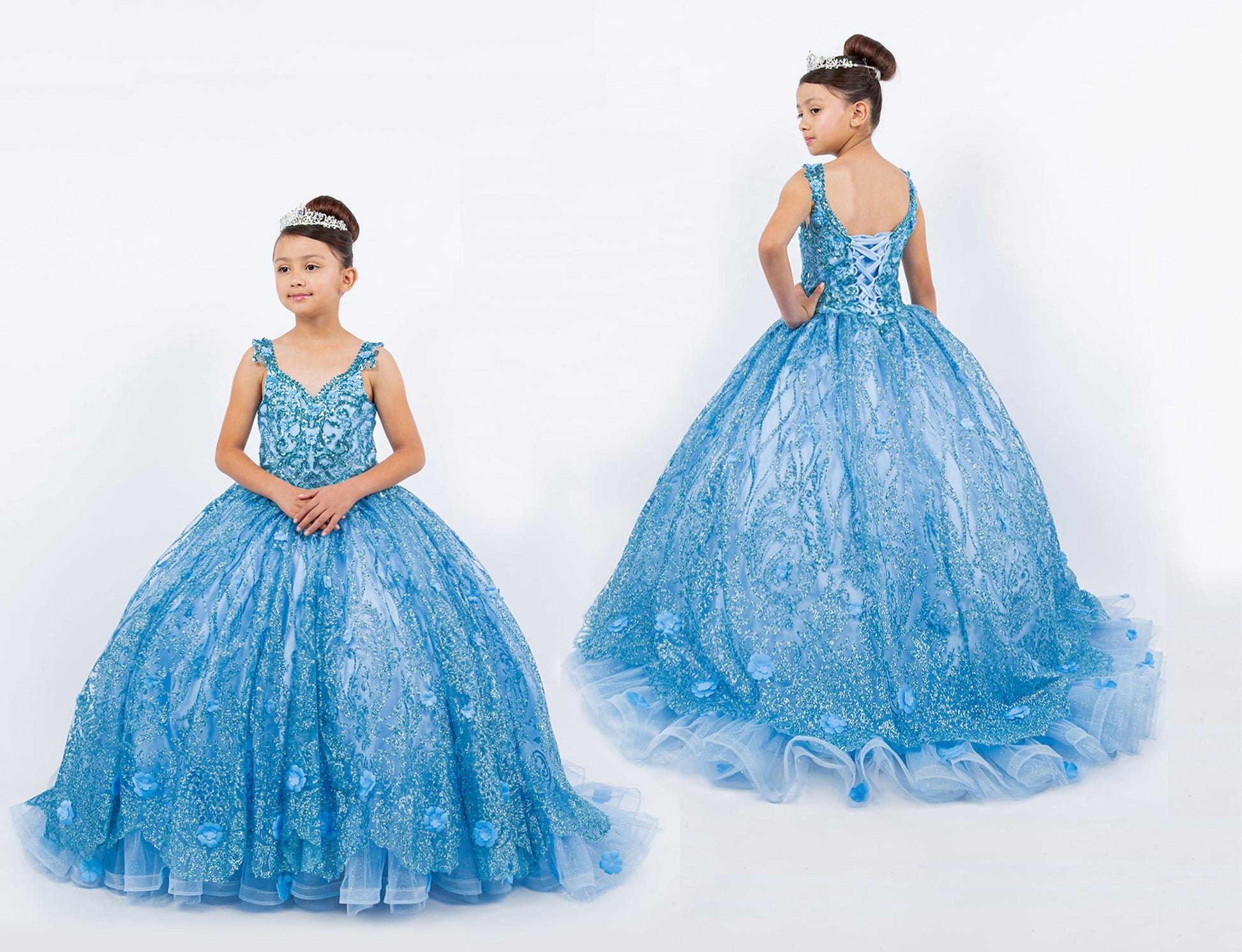 Blue mini quince dress with ombre tulle layers lace applique showing front and back views.