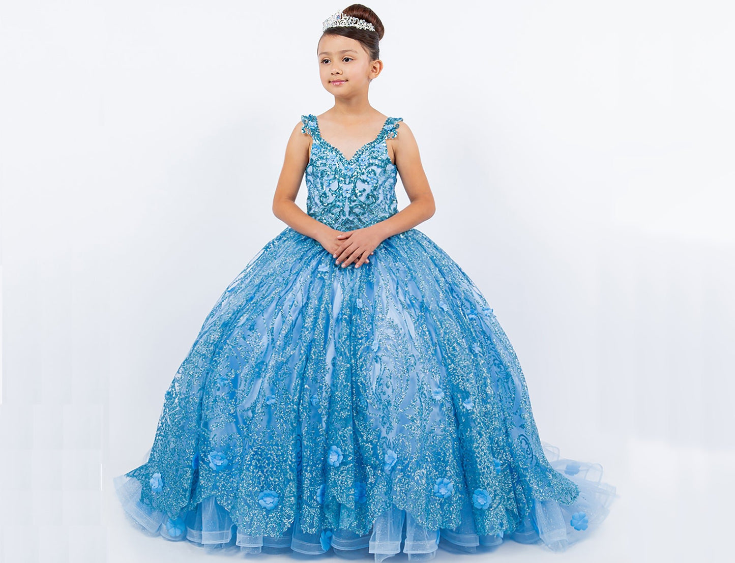 Blue mini quince dress with embroidered bodice ombre tulle layers lace applique sweep train.