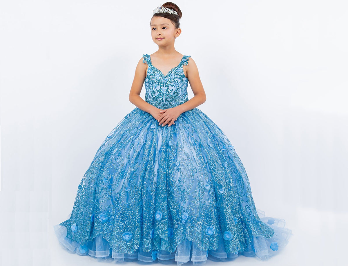 Blue mini quince dress with embroidered bodice ombre tulle layers lace applique sweep train.