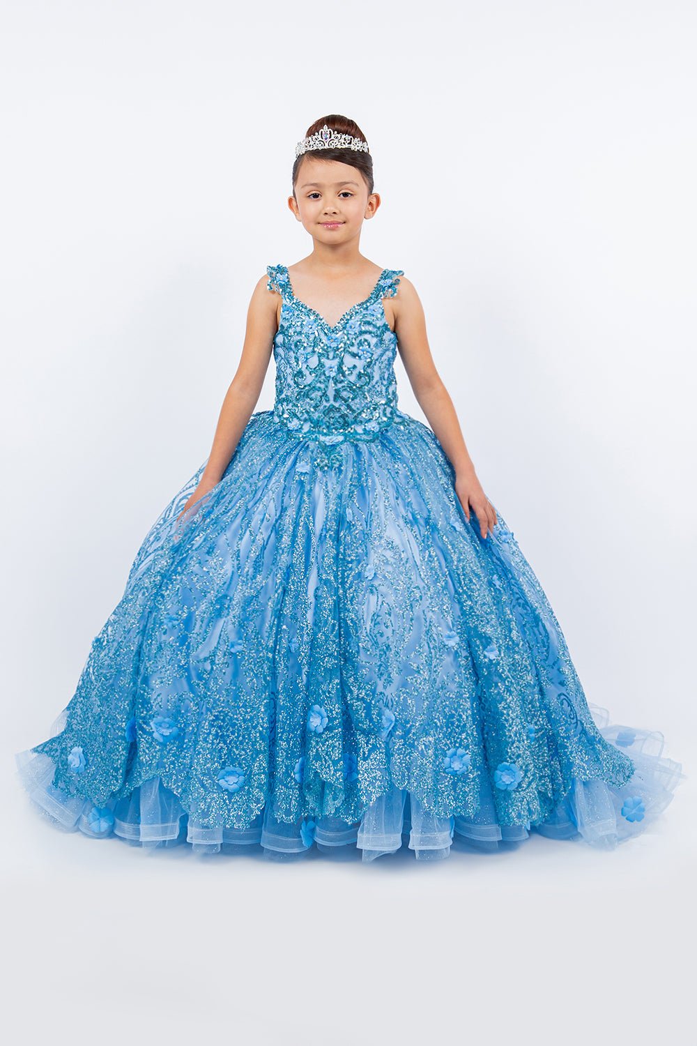 Blue mini quince dress with embroidered bodice ombre tulle layers lace applique sweep train.