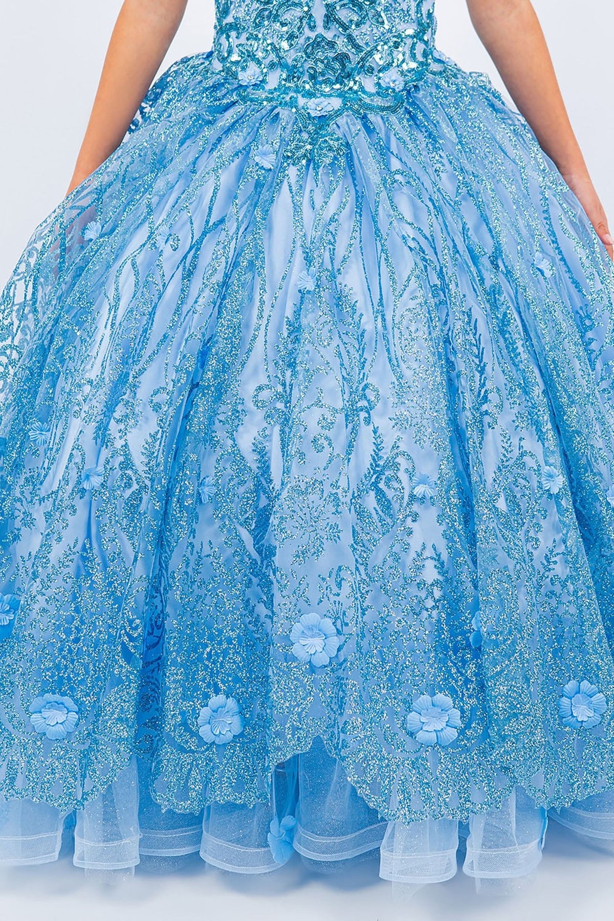 Blue mini quince dress with ombre tulle layered skirt lace applique embroidery detail.