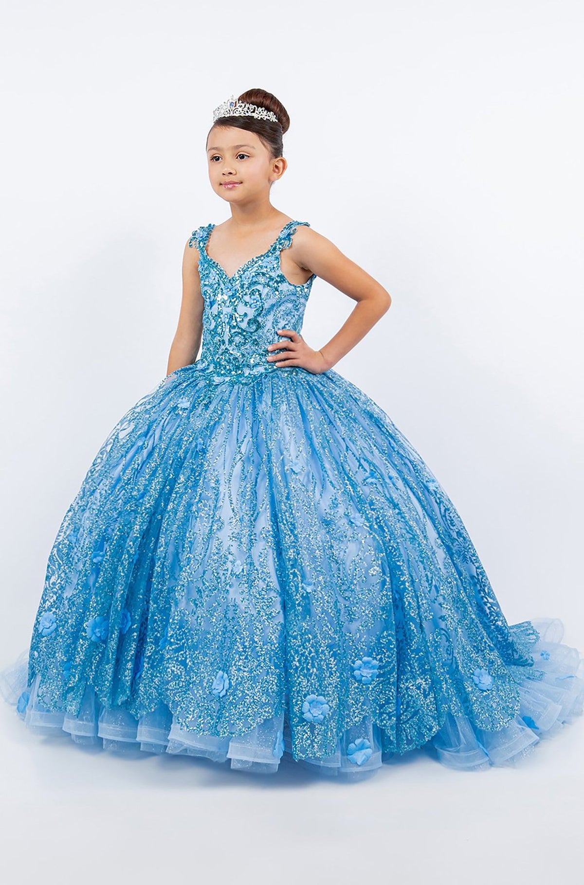 Blue mini quince dress with ombre tulle layers lace applique sweep train embroidery.