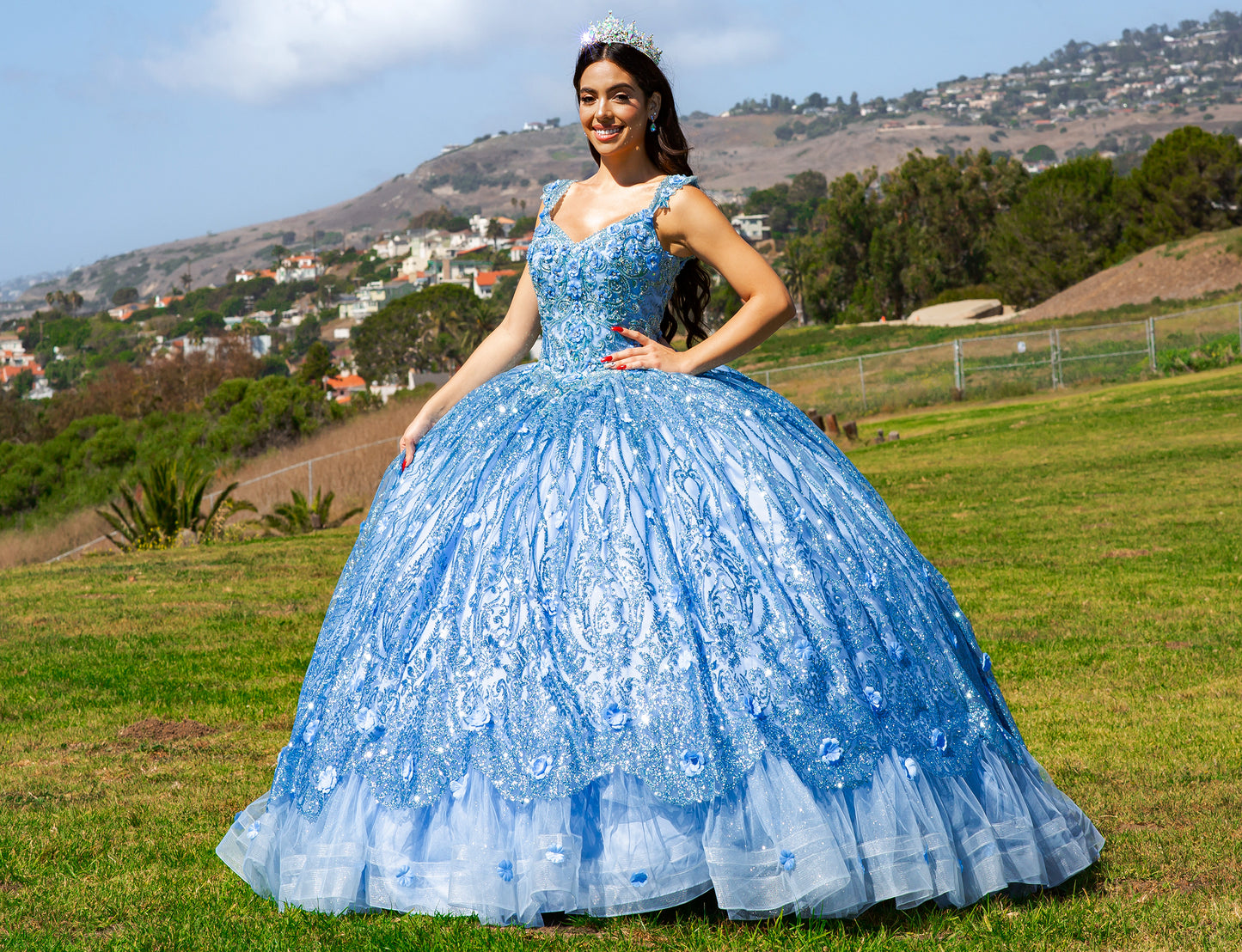 Quinceanera | Blue Embroidered Ombre Tulle Skirt with Lace Appliqué Bodice and Sweep Train Sweet 15 Ballgown | Aaliyah J dress front