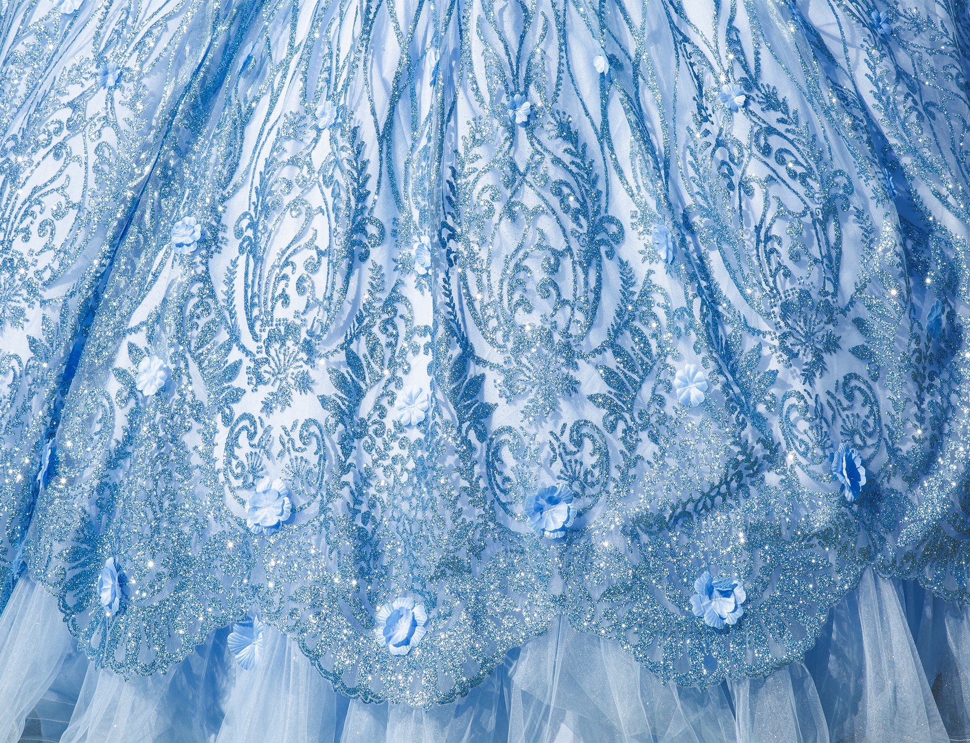 Quinceanera | Blue Embroidered Ombre Tulle Skirt with Lace Appliqué Bodice and Sweep Train Sweet 15 Ballgown | Aaliyah J dress tulle detail