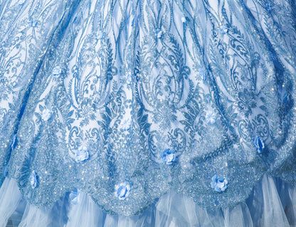 Quinceanera | Blue Embroidered Ombre Tulle Skirt with Lace Appliqué Bodice and Sweep Train Sweet 15 Ballgown | Aaliyah J dress tulle detail