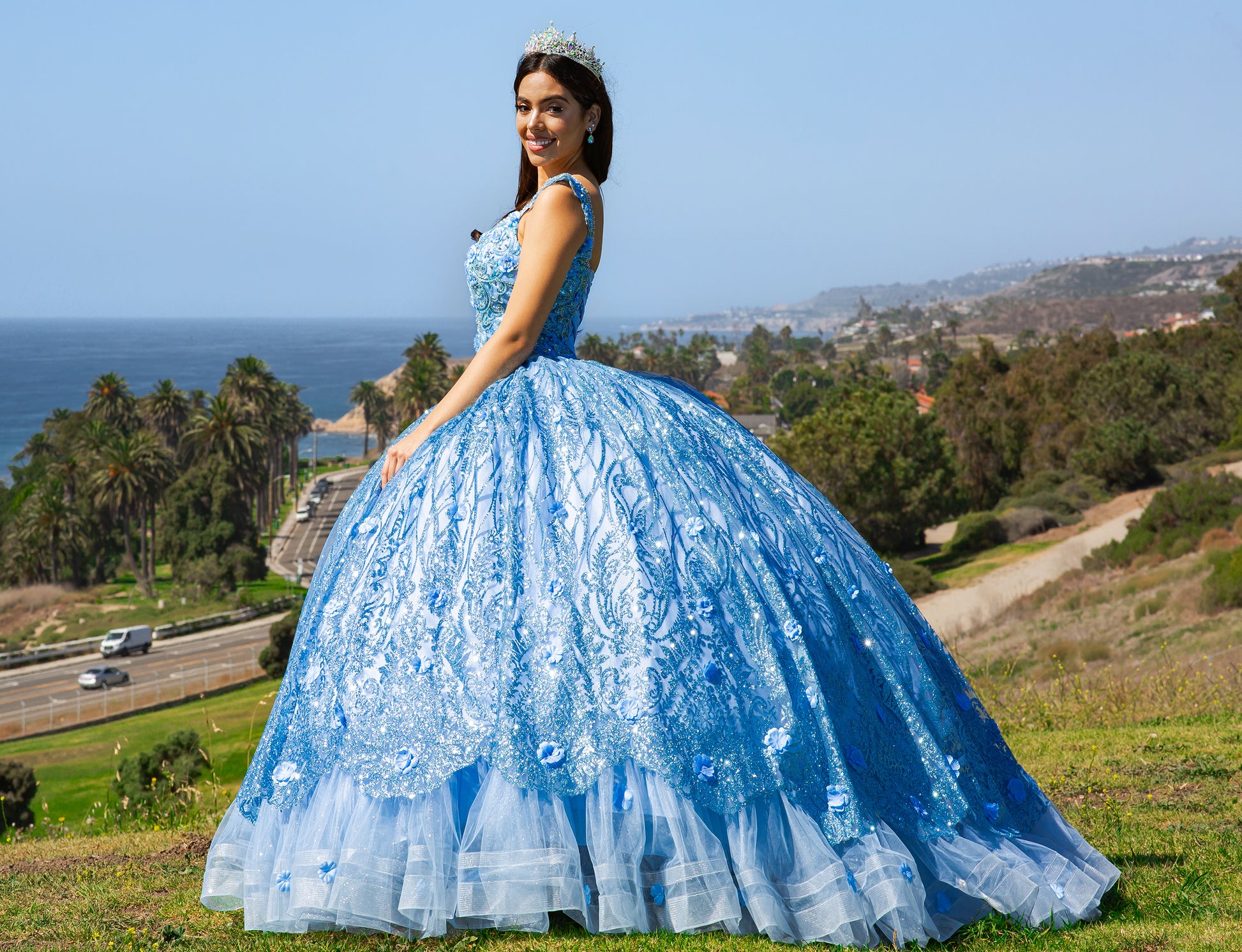Quinceanera Blue Embroidered Ombre Tulle Skirt with Lace