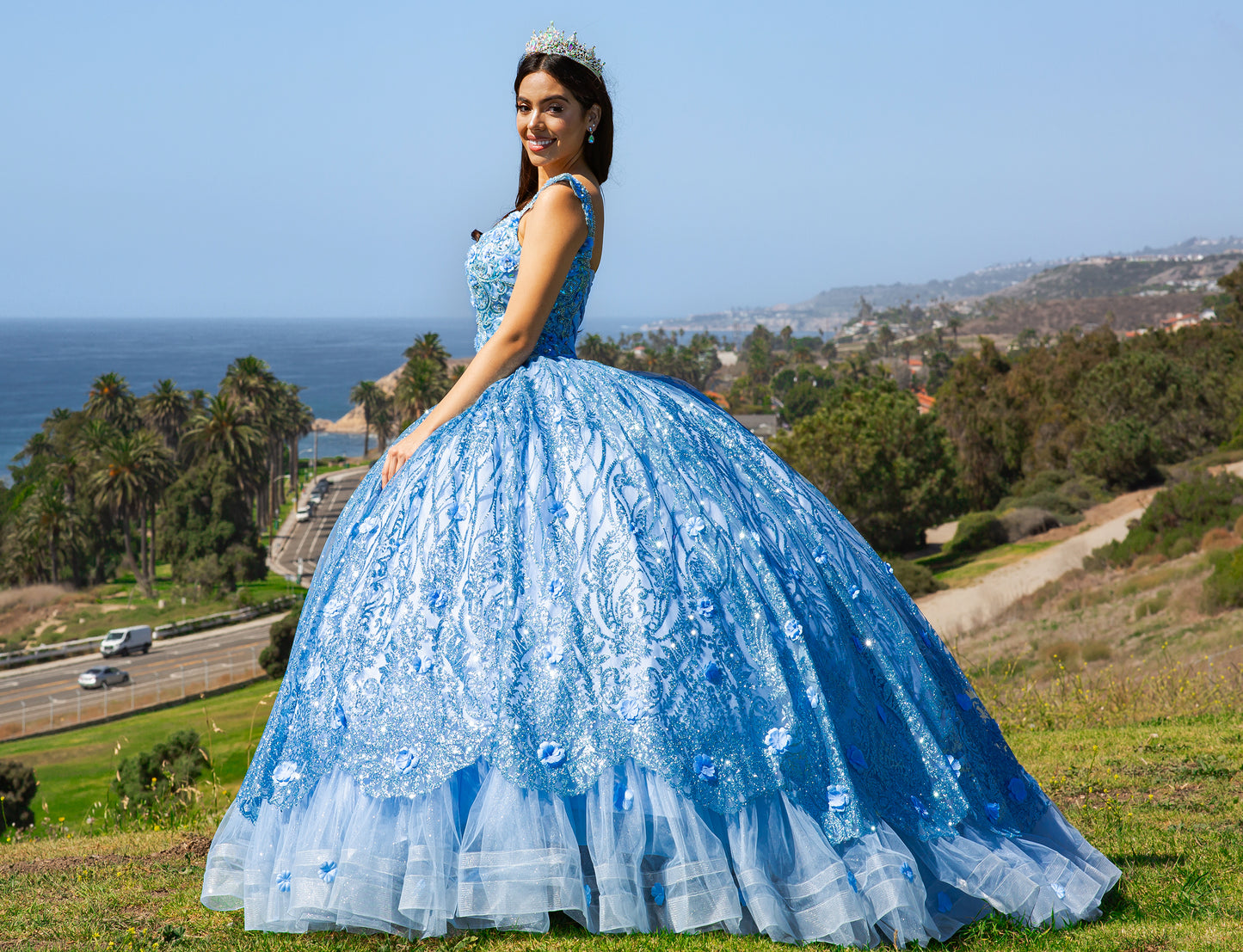 Quinceanera | Blue Embroidered Ombre Tulle Skirt with Lace Appliqué Bodice and Sweep Train Sweet 15 Ballgown | Aaliyah J dress side view