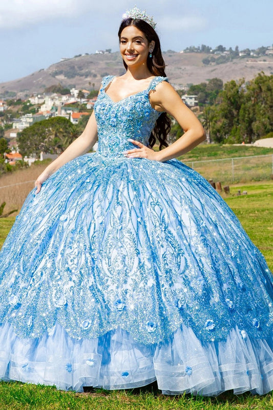 Highlighted in a front view, the Light Blue quinceañera dress has beaded lace bodice and tiered tulle ball skirt.