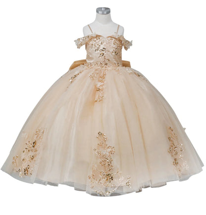 Champagne front view kids mini quinceañera ball gown with floral lace, gold embroidery and glitter tulle skirt