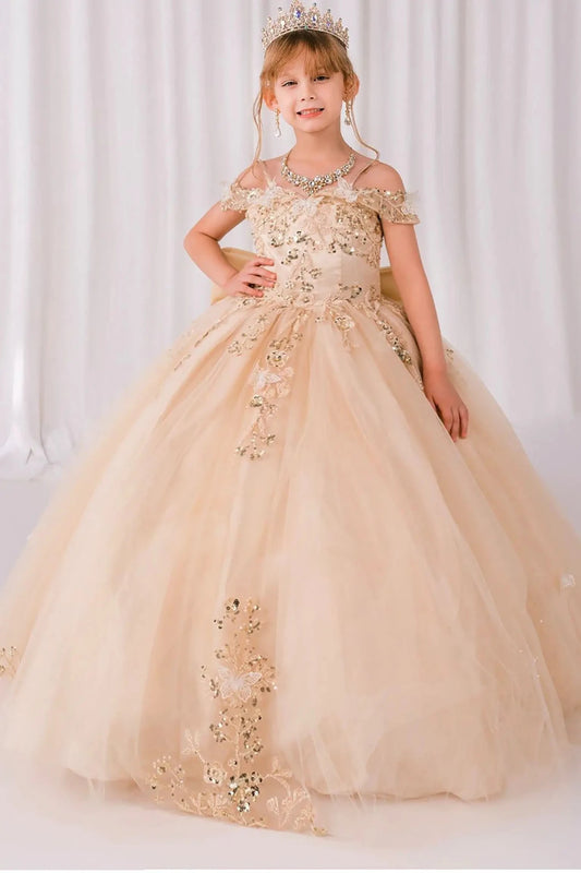 Champagne front view kids mini quinceañera mini quince dress with off-shoulder butterfly bead embroidery, glitter tulle and sweep train.