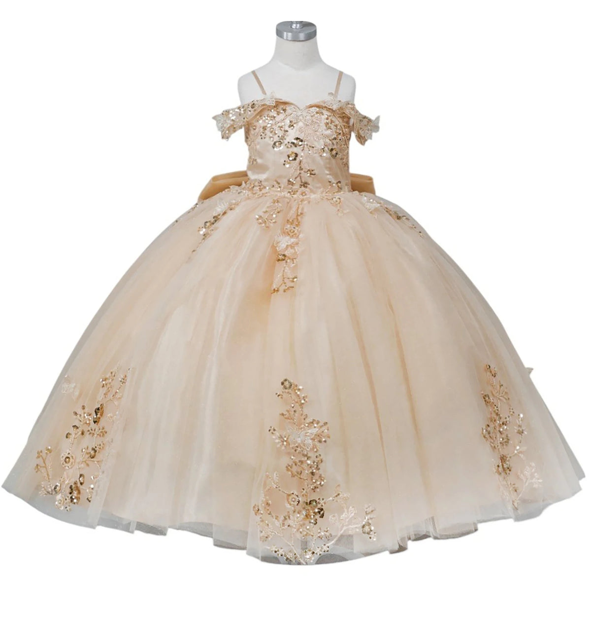Champagne front view kids mini quinceañera mini quince dress with floral lace, gold embroidery and glitter tulle skirt.