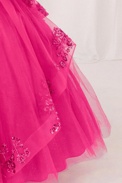 Fuchsia detail zoom kids mini quinceañera ball gown with floral lace, bead embroidery and glitter tulle fabric