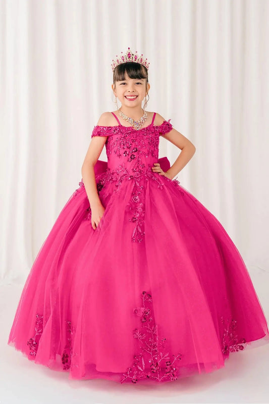 Fuchsia front view kids mini quinceañera mini quince dress with off-shoulder butterfly bead embroidery, glitter tulle and sweep train.